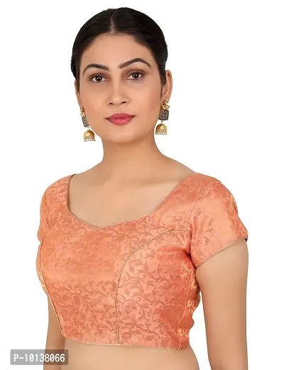FIGURE UP Women's Printed Half Sleeve Round Neck Peach Chanderi Blouse for Casual Wear 44-thumb0