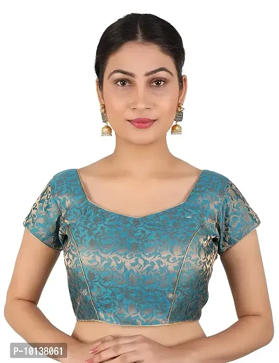 FIGURE UP Women's Printed Half Sleeve Round Neck Firoji Blue Chanderi Blouse for Casual Wear 36-thumb0