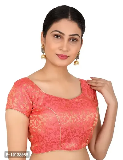 FIGURE UP Women's Printed Half Sleeve Round Neck Gajri Chanderi Blouse for Casual Wear 34-thumb3