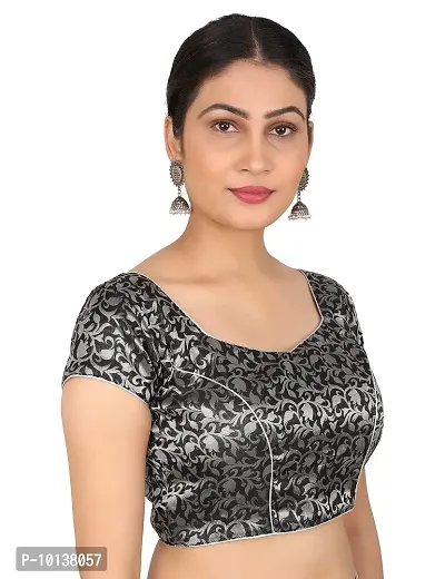 FIGURE UP Women's Printed Half Sleeve Round Neck Black & Silver Chanderi Blouse for Casual Wear 42-thumb3