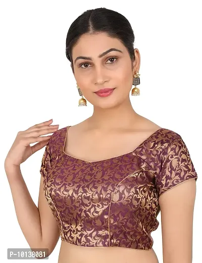 FIGUREUP Women Printed Half Sleeve Round Neck Wine Chanderi Blouse for Casual Wear 44-thumb3