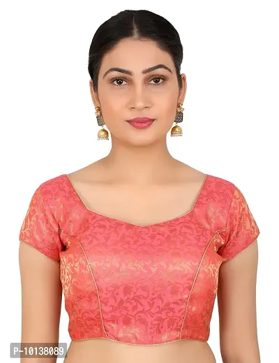 FIGUREUP Women Printed Half Sleeve Round Neck Gajri Chanderi Blouse for Casual Wear 44-thumb0