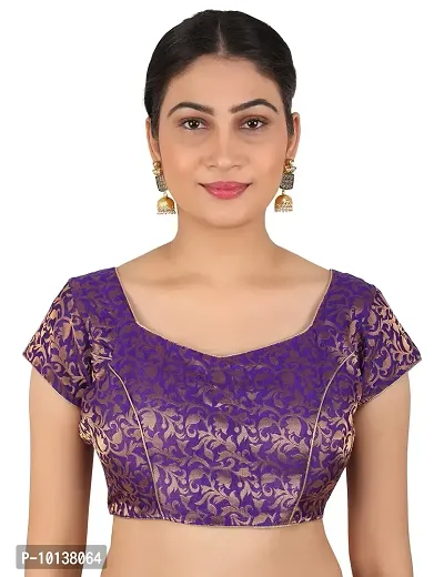 FIGUREUP Women Printed Half Sleeve Round Neck Purple Chanderi Blouse for Casual Wear 42-thumb0