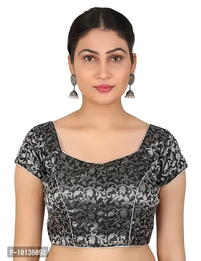FIGUREUP Women Printed Half Sleeve Round Neck Black & Silver Chanderi Blouse for Casual Wear 42-thumb0