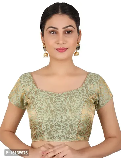 FIGUREUP Women Printed Half Sleeve Round Neck Pista Green Chanderi Blouse for Casual Wear 42-thumb0