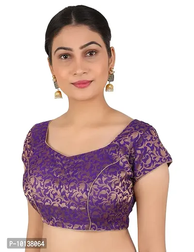 FIGUREUP Women Printed Half Sleeve Round Neck Purple Chanderi Blouse for Casual Wear 42-thumb4