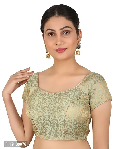 FIGUREUP Women Printed Half Sleeve Round Neck Pista Green Chanderi Blouse for Casual Wear 42-thumb3