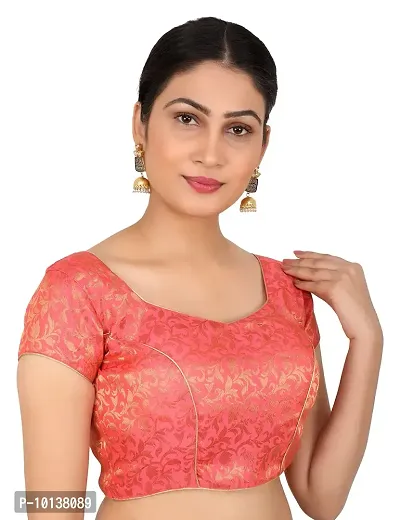 FIGUREUP Women Printed Half Sleeve Round Neck Gajri Chanderi Blouse for Casual Wear 44-thumb3