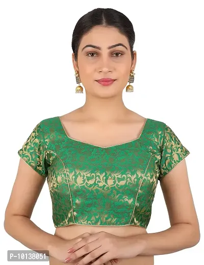 FIGUREUP Women Printed Half Sleeve Round Neck Green Chanderi Blouse for Casual Wear 38-thumb0