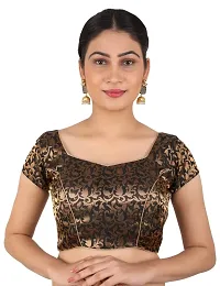FIGURE UP Women's Printed Half Sleeve Round Neck Black Chanderi Blouse for Casual Wear 34-thumb1