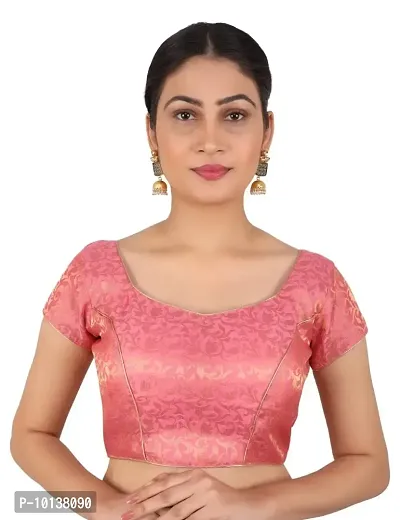 FIGUREUP Women Printed Half Sleeve Round Neck Baby Pink Chanderi Blouse for Casual Wear 34-thumb2