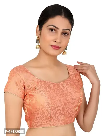 FIGURE UP Women's Printed Half Sleeve Round Neck Peach Chanderi Blouse for Casual Wear 44-thumb2