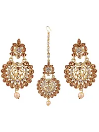 Elite Gold Plated Kundan Stone Studded Beaded Maang Tikka And Earrings For Women-thumb2