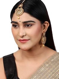 Elite Gold Plated Kundan Stone Studded Beaded Maang Tikka And Earrings For Women-thumb1