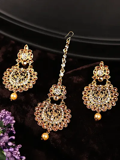 Elite Plated Kundan Stone Studded Beaded Maang Tikka And Earrings For Women