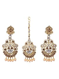 Elite Gold Plated Kundan Stone Studded Beaded Maang Tikka And Earrings For Women-thumb2