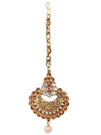 Elite Gold Plated Kundan Stone Studded Beaded Maang Tikka And Earrings For Women-thumb4