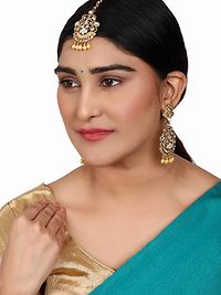 Elite Gold Plated Kundan Stone Studded Beaded Maang Tikka And Earrings For Women-thumb1