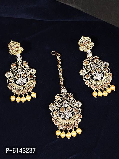 Elite Gold Plated Kundan Stone Studded Beaded Maang Tikka And Earrings For Women