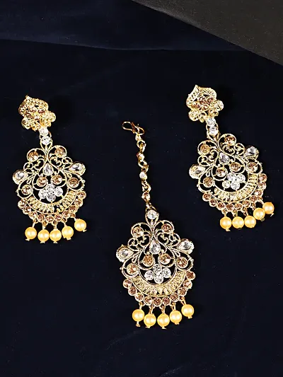 Elite Plated Kundan Stone Studded Beaded Maang Tikka And Earrings For Women