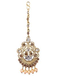 Elite Gold Plated Kundan Stone Studded Beaded Maang Tikka And Earrings For Women-thumb3