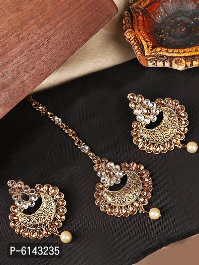 Elite Gold Plated Kundan Stone Studded Beaded Maang Tikka And Earrings For Women-thumb0