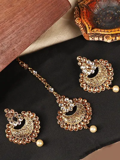 Elite Gold Plated Kundan Stone Studded Beaded Maang Tikka And Earrings