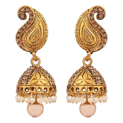 Gold Plated Stylish Ethnic Style Stone and Pearl Drop Jhumka Earring