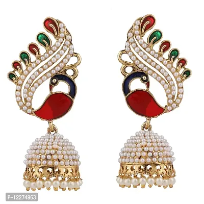 Pearl and Meenakari Work Peacock Motif Designer Jhumka Earring