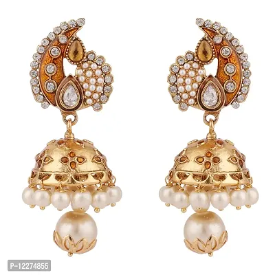 Gold Plated Traditional Pearl Kundan Beaded Jhumki Earrings for Women/Girls (Blue)-thumb0