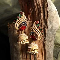 Pearl and Meenakari Work Peacock Motif Designer Jhumka Earring-thumb2