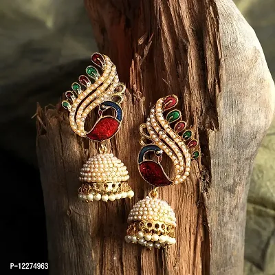 Pearl and Meenakari Work Peacock Motif Designer Jhumka Earring-thumb3