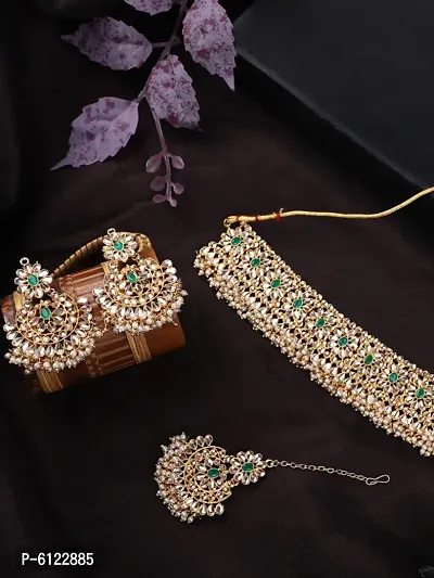 Gold-Plated Green-Coloured and White Stone-Studded and Beaded Traditional Jewellery Set