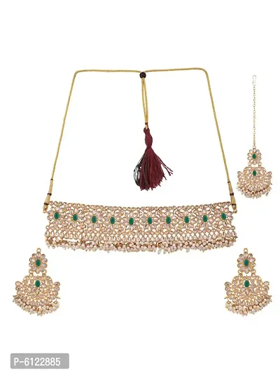 Gold-Plated Green-Coloured and White Stone-Studded and Beaded Traditional Jewellery Set-thumb3