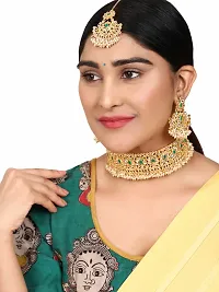 Gold-Plated Green-Coloured and White Stone-Studded and Beaded Traditional Jewellery Set-thumb1