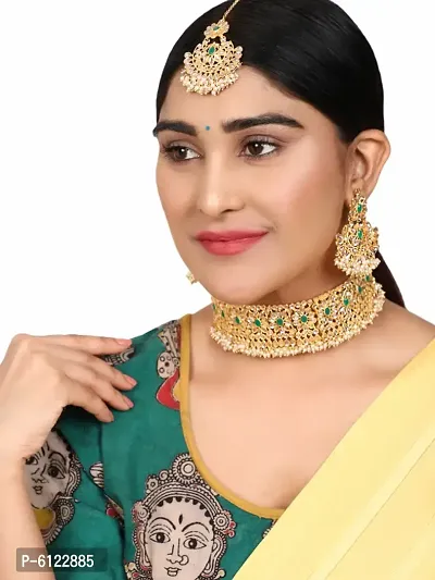 Gold-Plated Green-Coloured and White Stone-Studded and Beaded Traditional Jewellery Set-thumb2