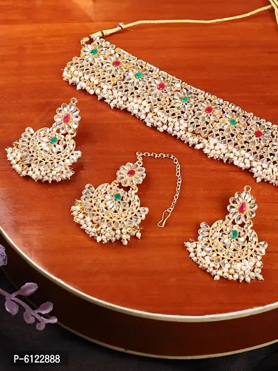 Gold-Plated Multi-Coloured and White Stone-Studded and Beaded Traditional Jewellery Set