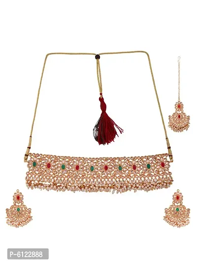 Gold-Plated Multi-Coloured and White Stone-Studded and Beaded Traditional Jewellery Set-thumb3