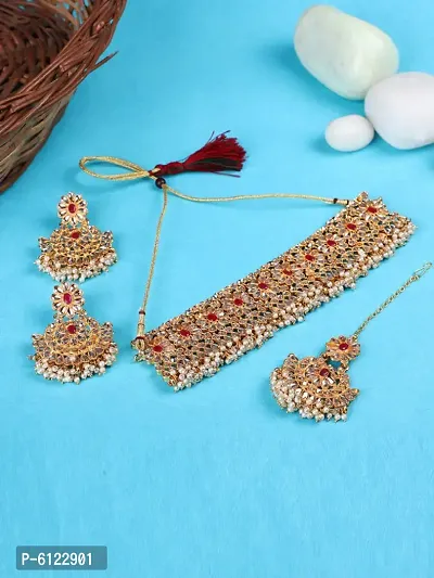 Gold-Plated Red-Coloured and White Stone-Studded and Beaded Traditional Jewellery Set