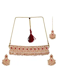 Gold-Plated Red-Coloured and White Stone-Studded and Beaded Traditional Jewellery Set-thumb1