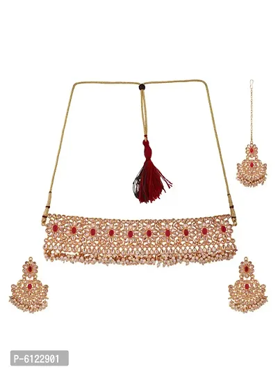 Gold-Plated Red-Coloured and White Stone-Studded and Beaded Traditional Jewellery Set-thumb2