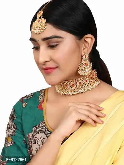 Gold-Plated Red-Coloured and White Stone-Studded and Beaded Traditional Jewellery Set-thumb4