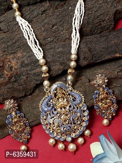 Antique Matte Gold Finish Meenakari  Pearl Temple Jewellery