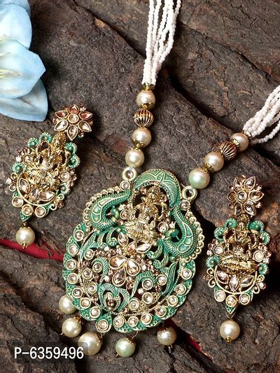 Traditional Stylish Sea Green Color Temple figurative Design Stone and Pearl Studded Pendant Set with Earrings