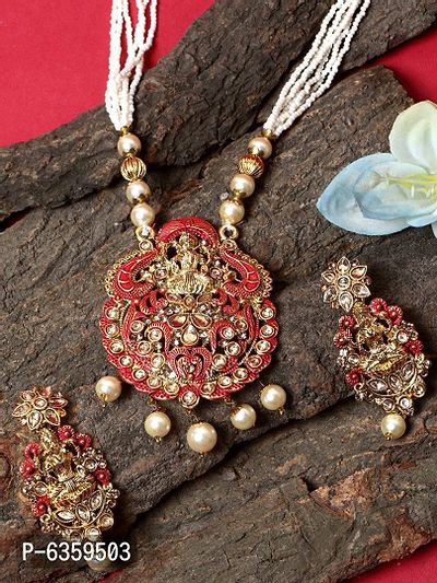 Antique Matte Gold Finish Meenakari  Pearl Temple Jewellery