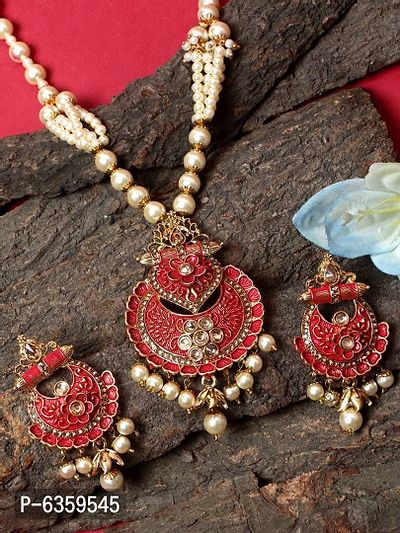 Antique Matte Gold Finish  Meenakari  Pearl Jewellery