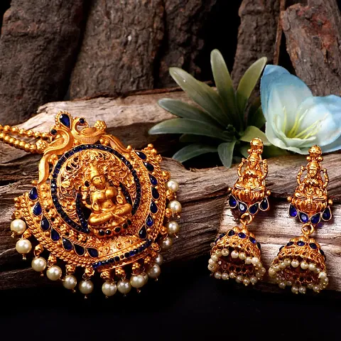 Matte Finish Goddess Laxmi Stone Studded Temple Jewellery set