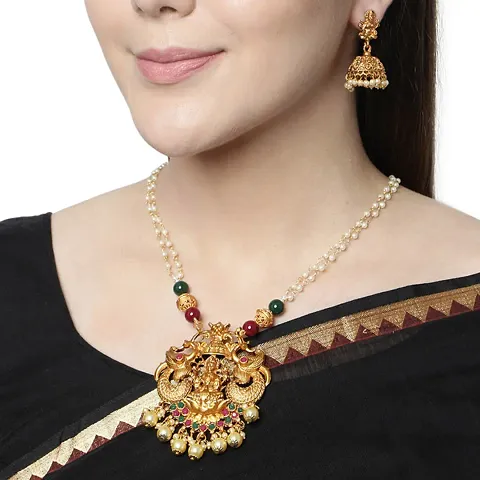 Matte Finish Goddess Laxmi Stone Studded Temple Jewellery set