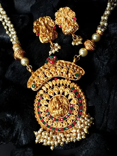 Matte Finish Goddess Laxmi Stone Studded Temple Jewellery set