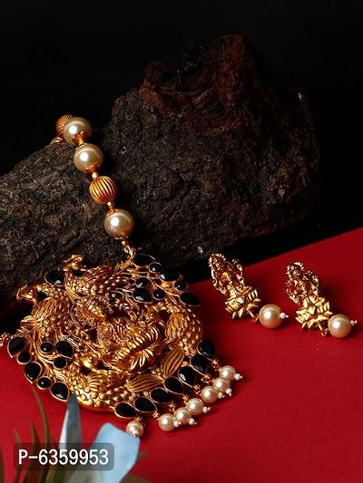 Antique Matte Gold Finish Goddess Laxmi Black Stone Studded Temple Jewellery set